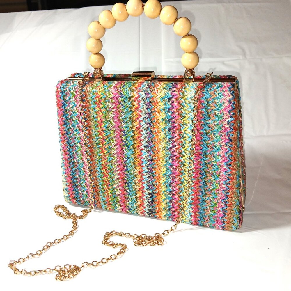 Woven Straw purse with beaded handle and gold chain